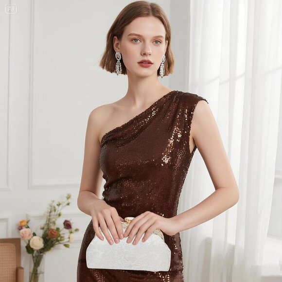 ⚡ Women's Silver Fabric Lace Pearl Chain Rhinestones Shoulder Clutch Bag - Picture 2 of 9